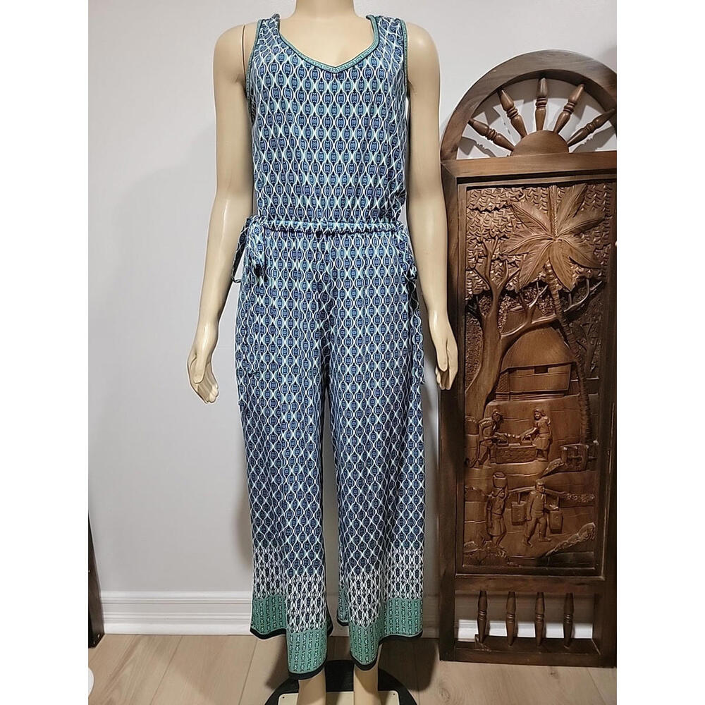 Max Studio GEO Pattern Size L Navy Green Wide Leg Jumpsuit NWT $118 #C - Picture 3 of 14